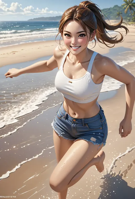 (young woman:1.5), (she wears waist-high denim shorts and a white crop top), (barefoot:1.4), long brown hair with ponytail, brown eyes, (cheeky smilie), detailed skin texture, (realistic skin pores, skin impurities:1.4), running on a beach, 24k resolution,...