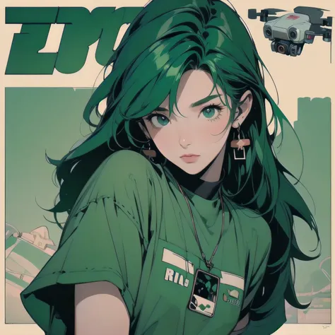 Trigun、Persona、Beautiful woman、Movie Posters、Upper Body、Model pose、mysterious、Small breasts、Black Hair、Short sleeve、(((A detailed and complex drone)))、(((The perfect drone)))、(((Green hair color)))