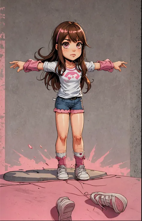 Sexy young brunette, neckleace, brown hair with pink bangs, pink eyes, wearing a shirt, wearing short shorts, nsfw waifu, White shoe