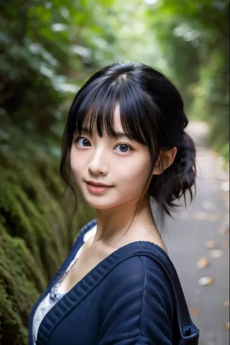 (4K), (Highest quality), (Best details), (Realistic)、A cute Japanese girl walking through a damp and dark Kamakura cliff、Black Hair、Blue Eyes、Completely naked、Showing pussy