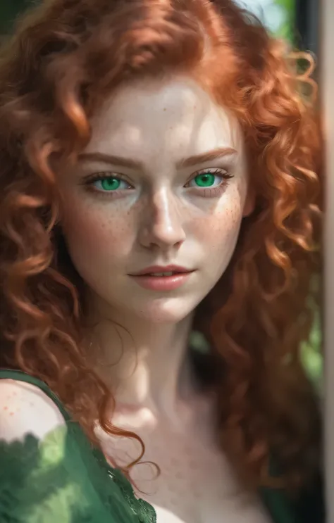 A superb photo of a Beautiful woman with curly red hair and green eyes, dans la jeune vingtaine, natural light, freckled, hyperdetailed face, ultra haute résolution, Photorealistic; True-to-life picture, natural skin, 8k,HDR, best quality, emerald green ey...
