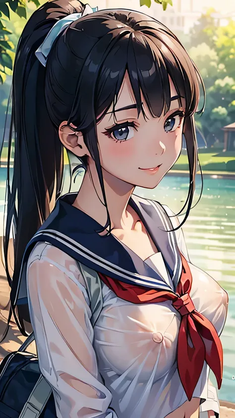 ((Face close-up))),One girl, high school girl、(((リボン付きSailor suit))), Summer clothes、Wet and transparent、((Navy pleated ocks、loafers、ponytail、school bag)、My belly is visible through my clothes、cute, wonderful, Beautiful attention to detail, Iris, Black Hai...