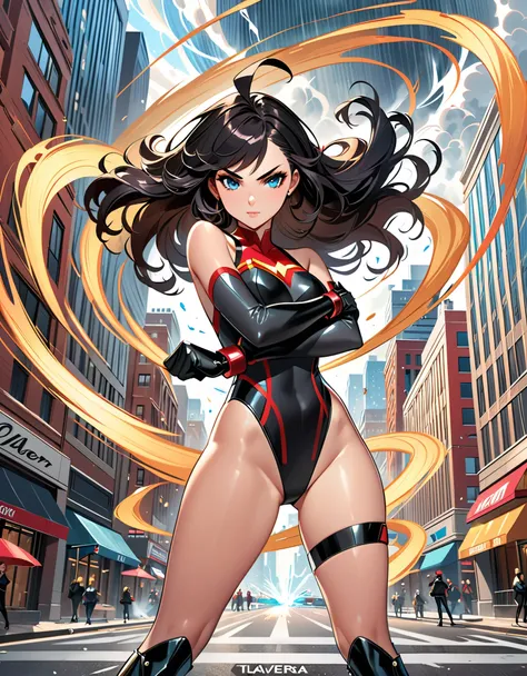 anime girl in a red and black suit twirling around in place on a city street, (fast spin, dynamic spin pose, standing straight), (spinning into a tornado), (spinning in place like a tornado), (see-through tornado in front of her), (crossed arms), extremely...