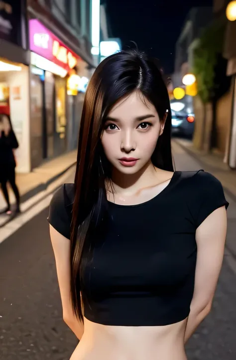 (((best quality))),1 female,slender face,(((arms behind))),(((cool beauty))),Black Hair,Brown Eyes,medium hair,straight hair,small breasts,looking at viewer,bed,25 years old,No pubic hair,Height: 160cm,(full body),blouse,Standing in a busy street at night,...