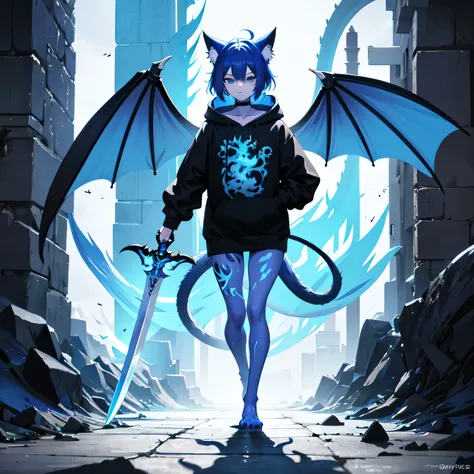 It is a blue, bipedal monster cat that walks upright, has ten tails, dragon wings, carries a sword with a blue dragon engraved on the blade, and wears a black and white hoodie.