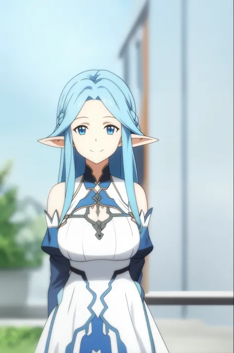 siune, 1girl, solo, long_hair, looking_at_viewer, smile, blue_eyes, big_breast, white_background, dress, holding, bare_shoulders, large_breast, smile, closed_mouth, blue_hair, upper_body, outdoors, detached_sleeves, pointy_ears, white_dress, blurry, depth_...