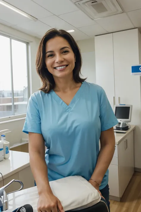 Create an advertising banner for a dental clinic, which conveys a feeling of reliability and high quality services. In the foreground is a smiling middle-aged woman with a perfect smile., standing in the light, modern clinic interior. Include items, such a...