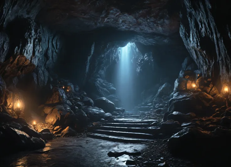 (masterpiece:1.2), (Highest quality,:1.2), 8k, High resolution, Super detailed, ((Realistic)), Professional Light, Cinema Lighting,Ambient Lighting,All details, Fantasy, Stygian Mountains々Mysterious entrance to a dark and eerie cave in, Spectacular photos