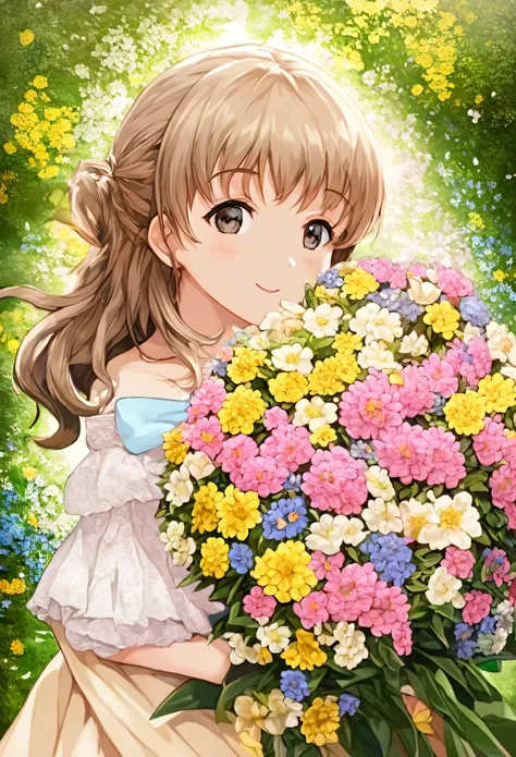 Close-up holding a bouquet, Made of flowers少女, Girl in Flowers, Made of flowers, covered With flowers, With flowers, Carrying flowers, Full of flowers, Covered with flowers, Holding flowers, Lee Song, By Chiho Aoshima, By Niduan, Cute artwork, Jan Born, Pr...