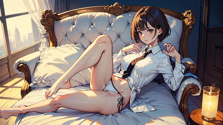 masterpiece,(Perfect Anatomy:1.5), highest quality, a lady , slender, leggy, Seductive, short hair, brown hair, (wear a white long sleeved shirt, tie:1.5), white bikini panties , Perfect hands, Perfect body, reclining, lying on a sofa, leg up , shirt lift,...