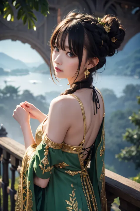 look at things far away, Intricate details, Fantasy Art, Highly detailed,, nffsw, ultra - detailed, Rim Lights, Faded, dim、Gold devil horns、Green Dress、Black Hair、Bun short hair、Braiding、hair ornaments、back、Archmage、river、fog