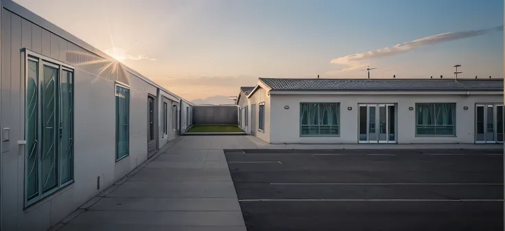 Big very large nursing home center. Minimalist archdaily architecture style. 
Modern architecture, park around, very clean, green garden. metal roof. Very long house
