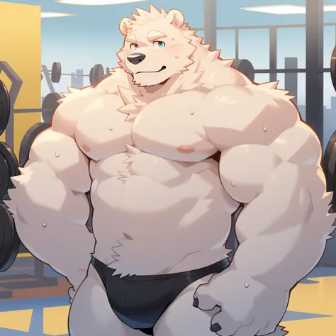 Scribble polar bear face,Humanity(polar bear),(black sexy panties:1.3),Muscular,(White eyebrows:1.1),(Perfect eyes),Gray mane，（artist:Takemoto Arashi），Gym background，（Topless:1.3），（Sweat:1.3），light pink nipples。