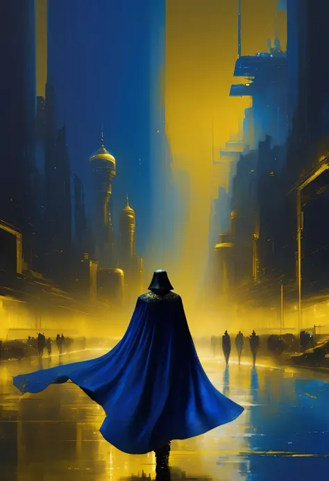 Pixelart por Jeremy Mann, Man in black cape in yellow desert walking arriving in a big city at night, shades of dark royal blue in the majority and small details in dark yellow and gold, 4D high relief texture painting, 8k, 4D, futuristic, water tank in th...