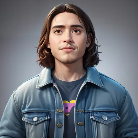 man, 3d cartoon character, plain gray background, half body preview, 8k, jeans jacket, white t-shirt, facing the camera, high detail, bright colors, high contrast, UHD, ultra-detailed texture, lighting  cinematic