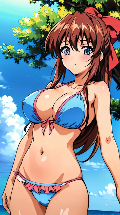 (masterpiece, highest quality, 8k:1.2), anime, ultra-high resolution, hyper detail, beautifully, kanzaki aoi, hair bow, (one girl, solo), (Swimsuit, bikini, beach, blush), cowboy shot, dynamic angle, looking at viewer