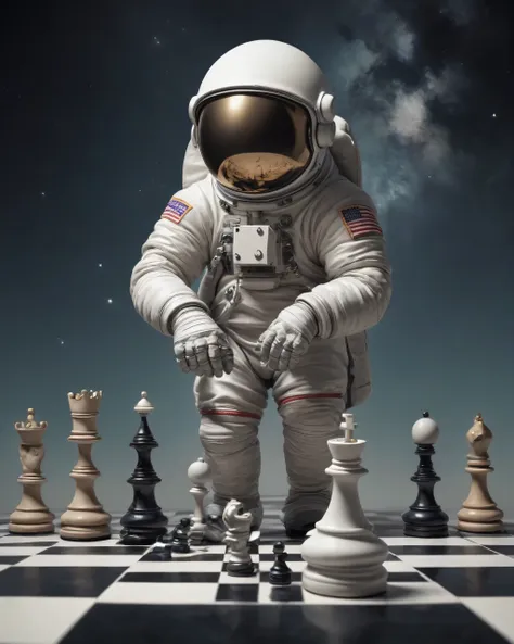 astronaut surreal, caricatura, 
impressed with a chess piece in hand