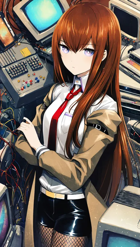 1人の女の子, makise kurisu, シュタイン;ゲート,an anime-style young woman with large, emotive hazel eyes and soft, wavy chestnut hair styled w...