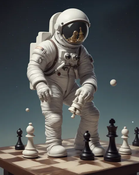 astronaut surreal, caricatura, 
impressed with a chess piece in hand