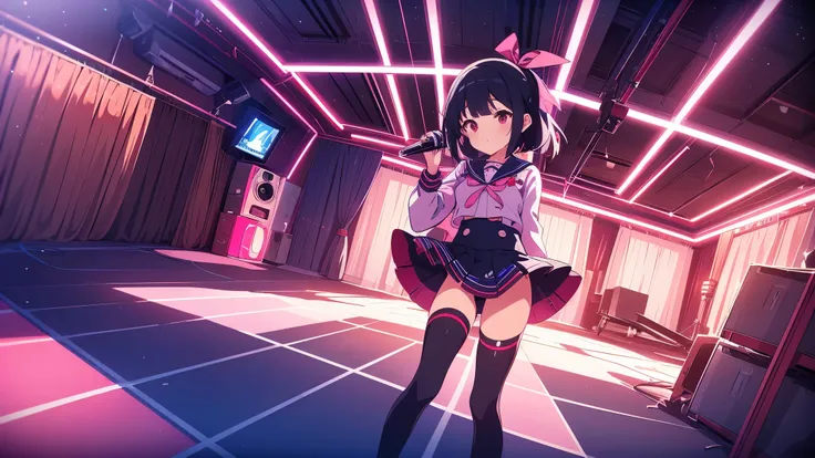 beautiful girl incredible quality 4k vtuber with red eyes multiple color blue and black hair with pink ribbon Short pleated skirt sailor style blouse long sleeve white long stockings pink tennis shoes with black vtuber youtuber in room recording studio PC ...