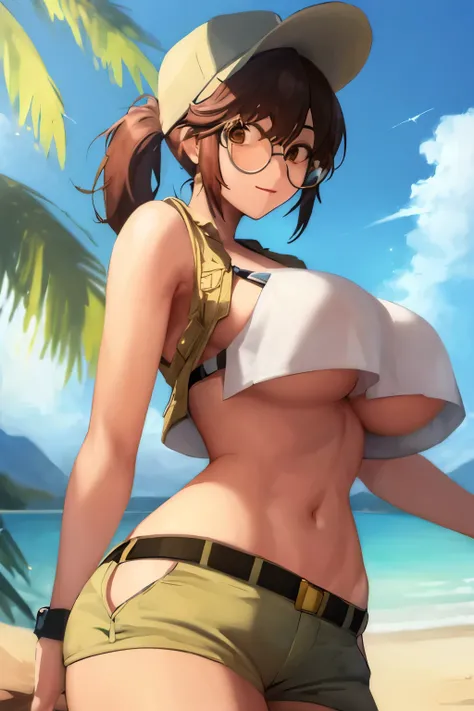 masterpiece, best_quality, 1girl, solo, fio germi, round eyewear, hat, shorts, crop top, underboob,