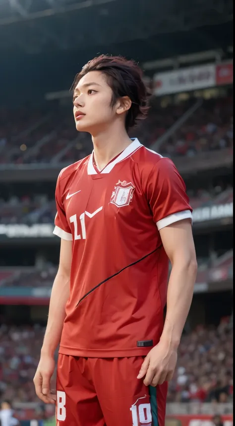 Kamando tanjiro, demon slayer, brown eyes, black gradiant red hair, red football jersey of indonesia, stadium background, ultra realistic, ultra detailed, best quality, masterpiece.