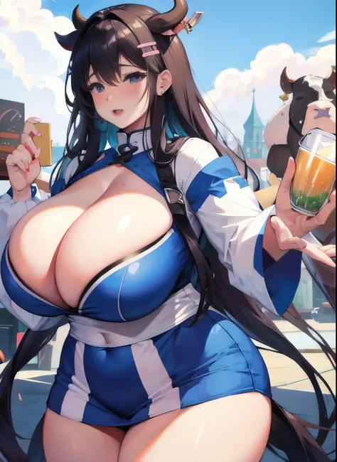 A MILF、ultra gigantic tits、Hyper-obese body、Cow Cosplay、pierced nipple、nose piercing