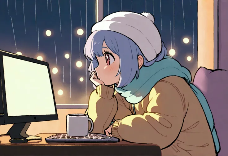 a girl in lofi style at a table with a computer facing a window studying, it&#39;s raining, it&#39;s 5 o&#39;clock in the mornin...