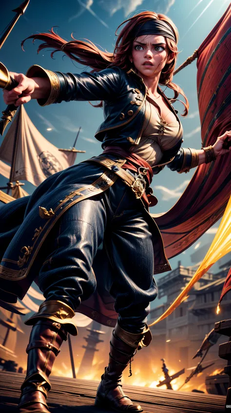 a fierce pirate battle, ships clashing on the high seas, swordsmen dueling, dramatic lighting, cinematic angles, intense action, dynamic poses, detailed textures, gritty atmosphere, vibrant colors, masterful composition, photorealistic quality, epic scale,...