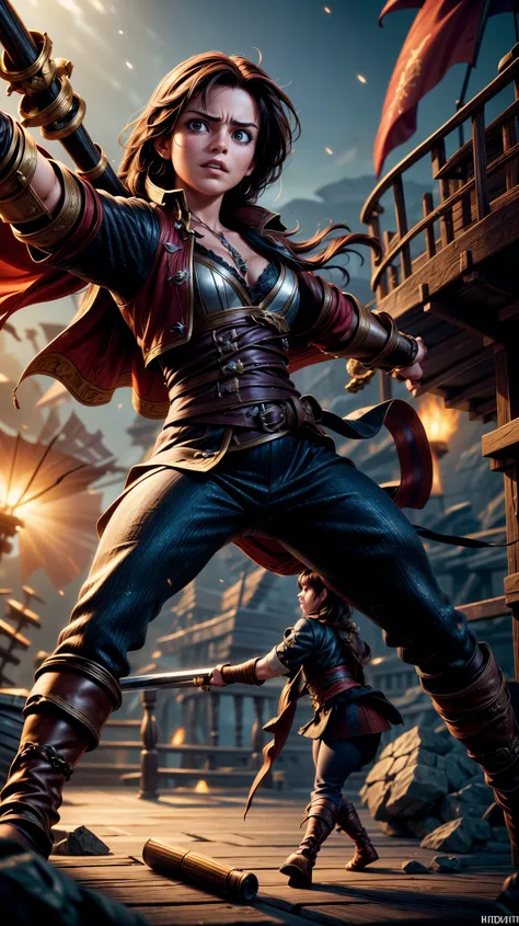 a fierce pirate battle, ships clashing on the high seas, swordsmen dueling, dramatic lighting, cinematic angles, intense action, dynamic poses, detailed textures, gritty atmosphere, vibrant colors, masterful composition, photorealistic quality, epic scale,...