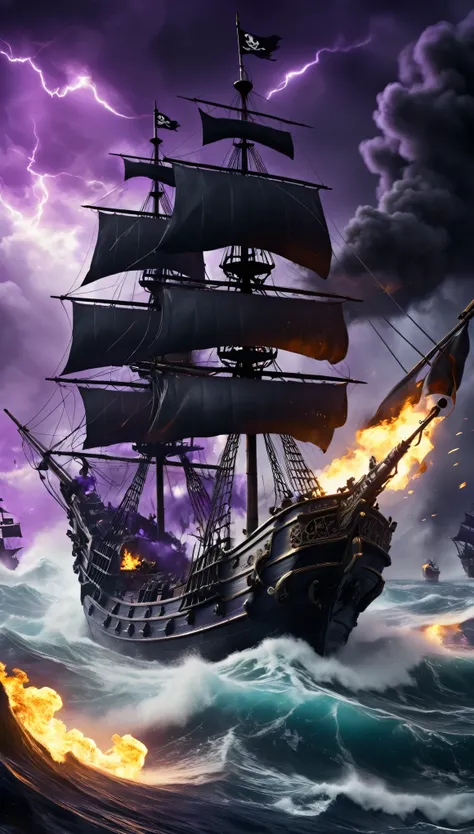 conceptual installation dark fantasy art, two pirate ships collide, destruction, pirate, pirate flag, cannons, shells, fires, raging seas, bad weather, sinister black and purple flashes, war, (ultra detailed, absolutely resolution, best quality:1.3), 2.5D,...