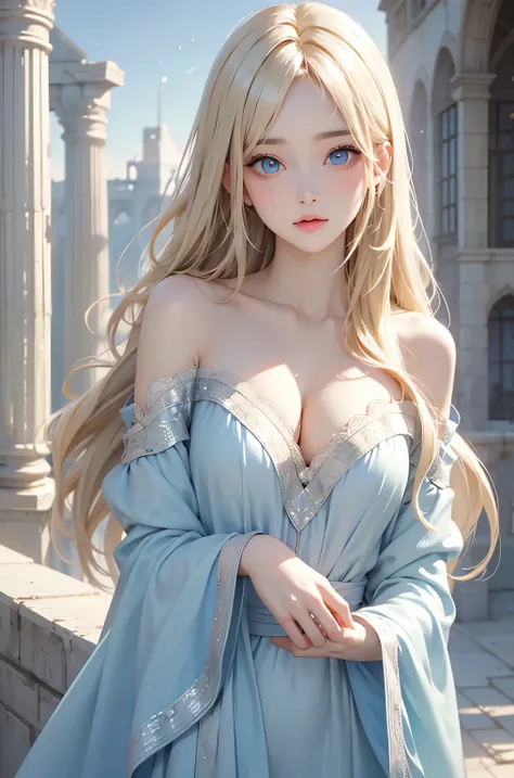 Beautiful white and shining skin、Blonde hair changes color depending on how the light hits it.、Long bangs obstruct the view、Highlights of cheek luster、Sexy, very beautiful, adorable, cute, gorgeous face、The most beautiful face in the world、Super long and g...