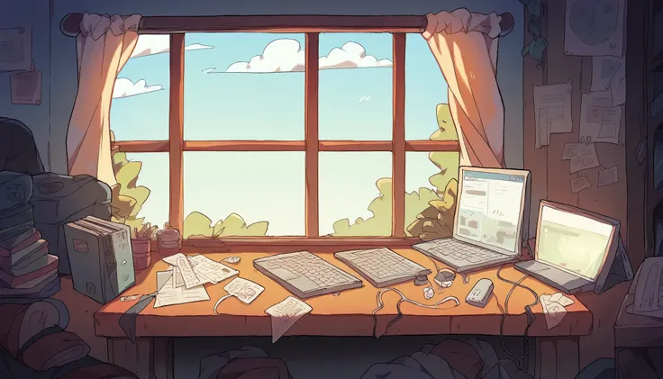 a girl in lofi style at a table with a computer facing a window studying, it&#39;s raining, it&#39;s 5 o&#39;clock in the mornin...