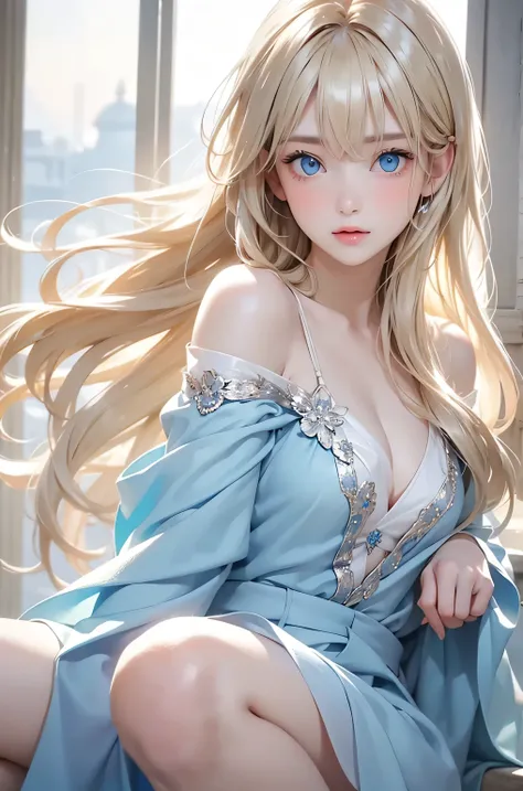 Beautiful white and shining skin、Blonde hair changes color depending on how the light hits it.、Long bangs obstruct the view、Highlights of cheek luster、Sexy, very beautiful, adorable, cute, gorgeous face、The most beautiful face in the world、Super long and g...