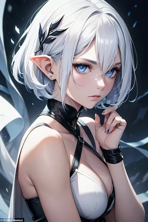 Selene has short silver hair, pale blue eyes reminiscent of moonlight and fair skin with scars from past battles. Your ears are slightly pointed, characteristic of half-elves. She wears a white cleric&#39;s robe with silver details and carries a sacred sym...