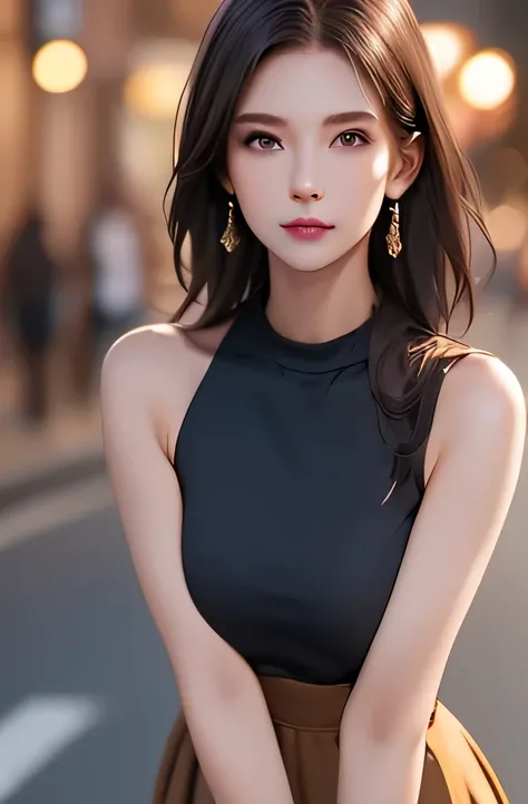 (((best quality))),1 female,slender face,(((arms behind))),(((cool beauty))),Black Hair,Brown Eyes,medium hair,straight hair,small breasts,looking at viewer,25 years old,No pubic hair,Height: 160cm,(full body),blouse,Standing in a busy street at night,mini...