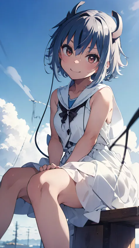 masterpiece, Highest quality, High resolution, Very detailed,(((Mikoto Naruga))), (((White background)))、(((electric wire)))、(((smile)))、(((Sitting far away))), Wearing a white dress。, Electric pole, blue sky, Looking down。
