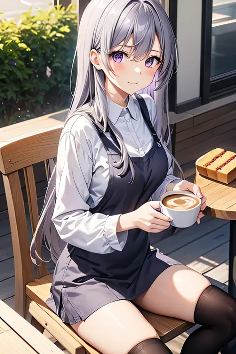 Adult Anime Girl 2d Long Hair Loose light Purple-Grayish, Age Adulthood adult, sitting on the table eating coffee with bread, White Scleriotica