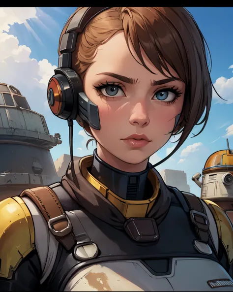 Alone, Focus only, close-up portrait of a masterpiece of a woman in tactical gear on a tatooine building, Light rays, Caustics, mechanical parts, wiring, droid, metal jaw