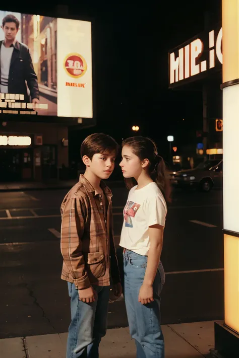 kodak disposable camera, an aesthetic, lomography, bokeh effect, 1997 picture of a boy and a girl casually standing in front of a movie theater entrance. the billboard above her shows the available movies. the boy is looking at his watch and the girl has h...