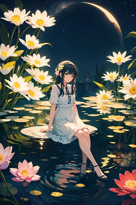 Night time moonlit sky flowers pond, girl sitting