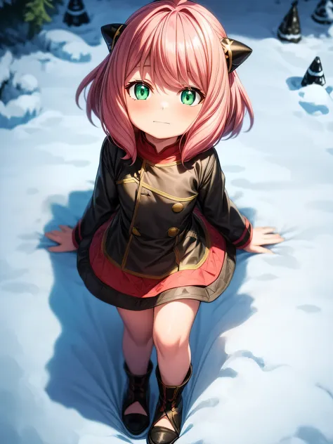 anya forger, lying in the snow, (((small stature))1.3), two black cones in hair, pink short hair, green eyes, intricate details