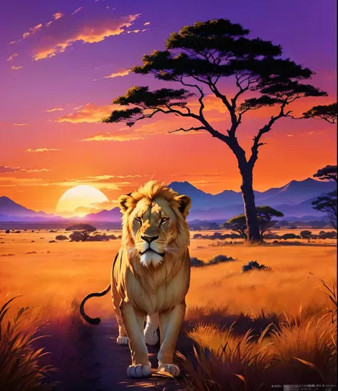 画中是一头lion在草原中行走，A tree in the background, There is a sunset behind,,Safari Background, african Savanna, Realistic style,Lioness, Savanna背景, Amazing wallpapers, Savanna, Beautiful nature, King of the Jungle, Beautiful wallpapers, 高清phone wallpaper, phone wa...