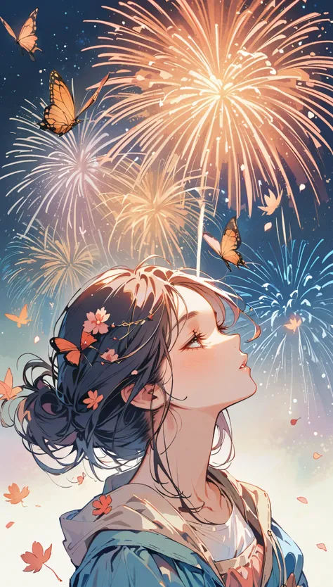 Girl with leaf hair、Photographed from the front、from adove、masterpiece、Highest quality、Looking up、Cherry blossom petals、Lots of butterflies々Fluttering、Ancient City、Lots of fireworks、Night Sky