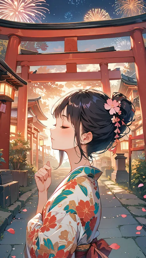 Japanese girl with leaf hair、Photographed from the front、from adove、masterpiece、Highest quality、Looking up、Black Hair、kimono、Cherry blossom petals、Lots of butterflies々Fluttering、torii、shrine、Lots of fireworks、Night Sky