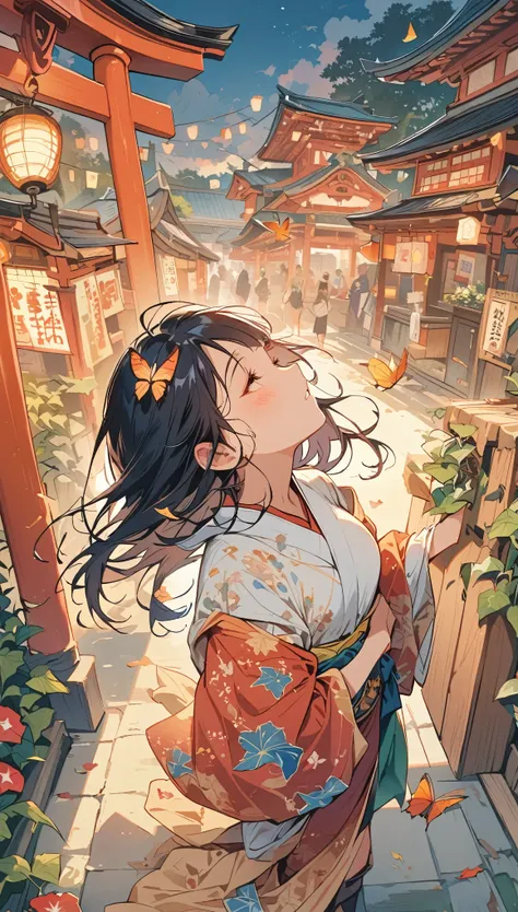 Japanese girl with leaf hair、Photographed from the front、from adove、masterpiece、Highest quality、Looking up、Black Hair、kimono、morning glory、Lots of butterflies々Fluttering、torii、shrine、Festivals、Night Sky