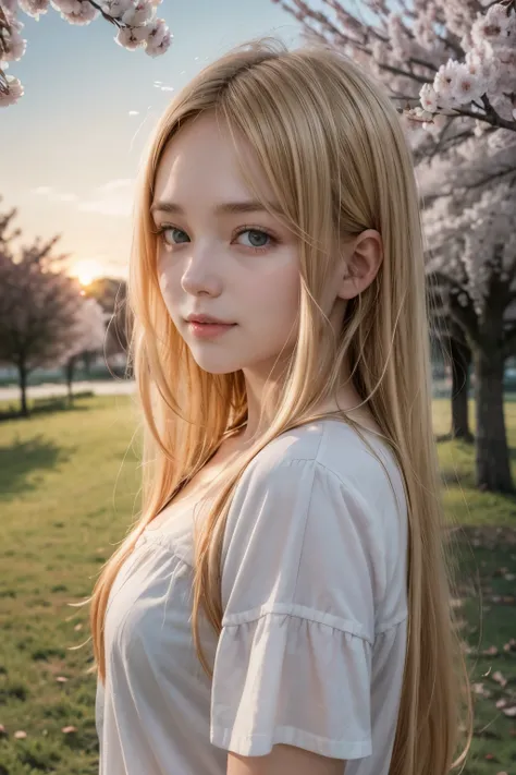 Blonde girl with long hair and brown eyes under cherry trees on a sunset. Slightly droopy eyes and dimples 