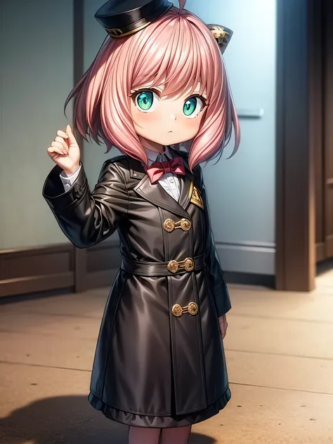 anya forger, wearing a detective outfit, (((small stature))1.3), two black cones in hair, pink short hair, green eyes, intricate...