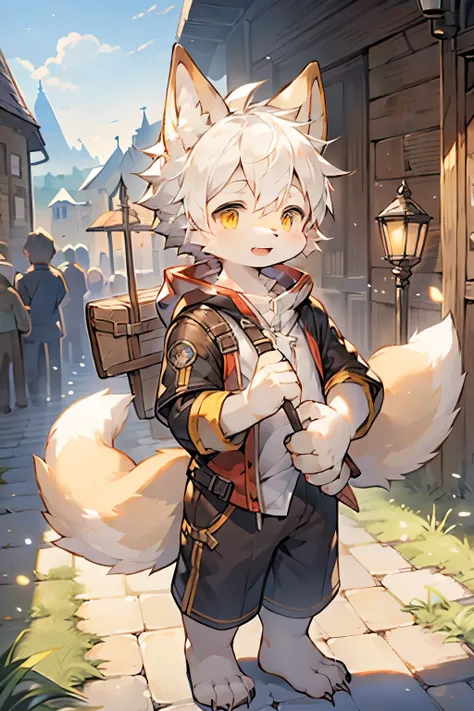 Fox Boy，Furry boys，Infant and child characteristics，White hair，Yellow skin，White Arm，Brave Suit，shorts，Medieval town background