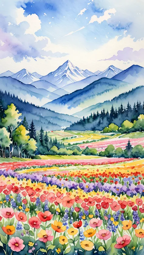 Flower fields with mountains and forests in the background，Watercolor。